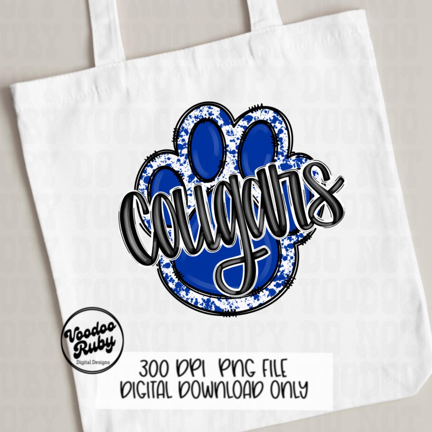 Cougars PNG Design Sublimation Hand Drawn Digital Download Football PNG Paw Print Blue White Cougars Mascot DTF Printable