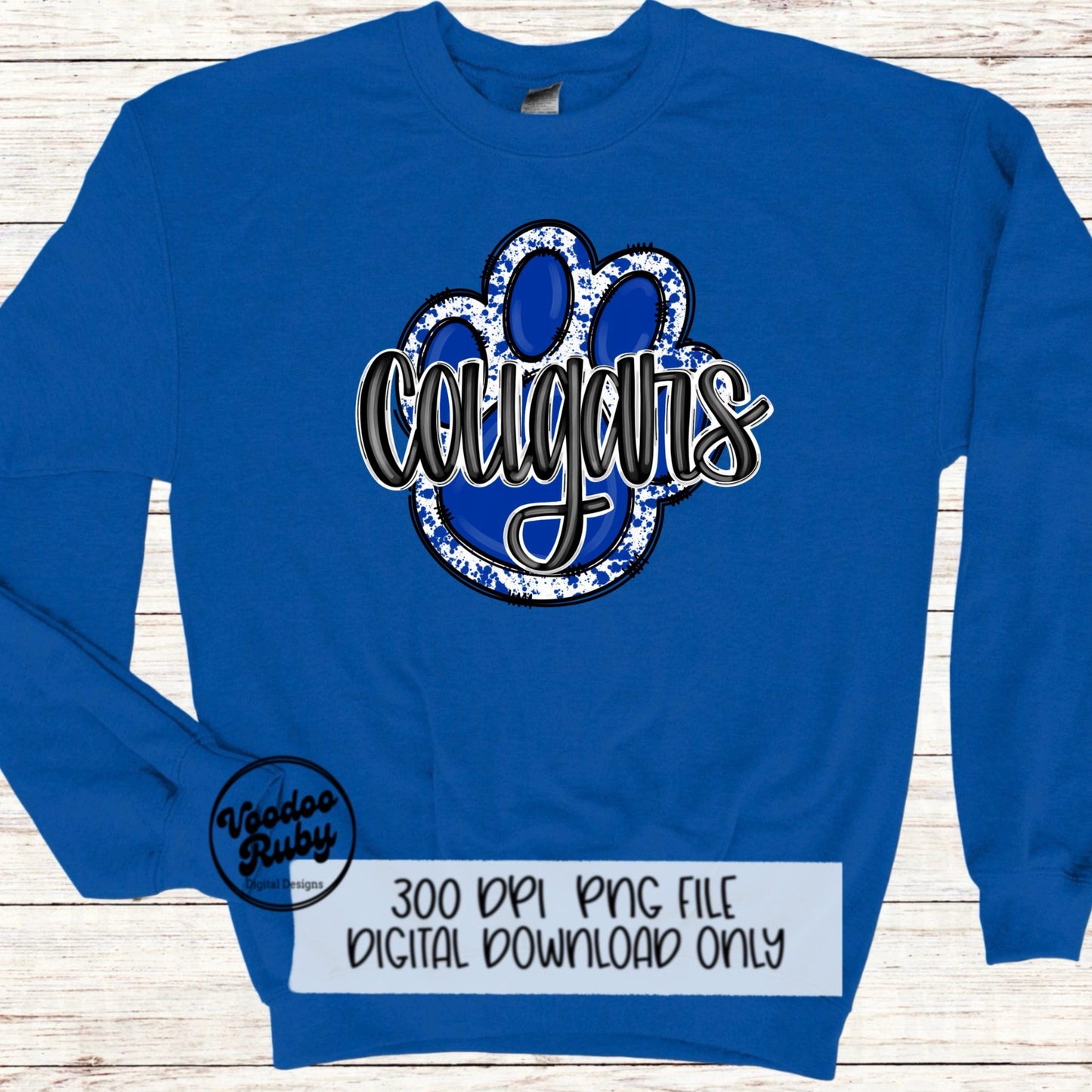 Cougars PNG Design Sublimation Hand Drawn Digital Download Football PNG Paw Print Blue White Cougars Mascot DTF Printable