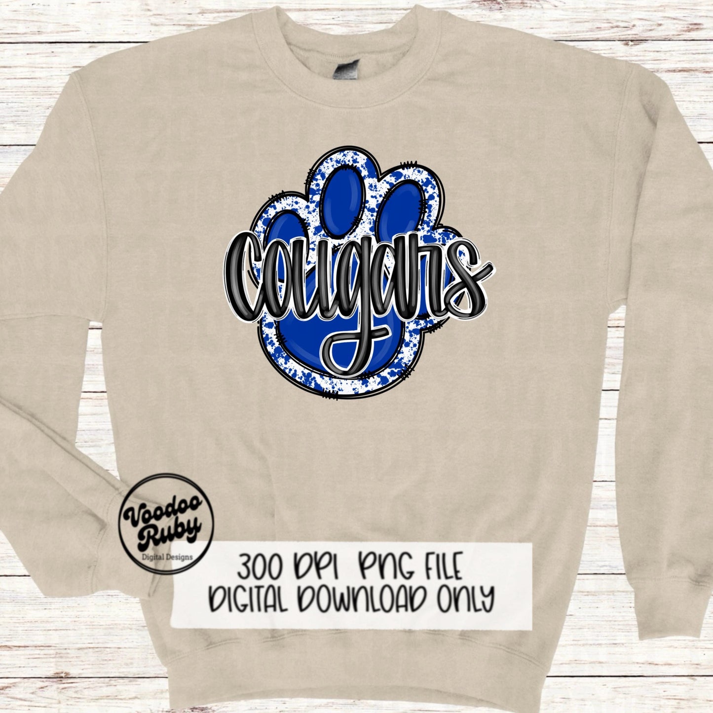 Cougars PNG Design Sublimation Hand Drawn Digital Download Football PNG Paw Print Blue White Cougars Mascot DTF Printable