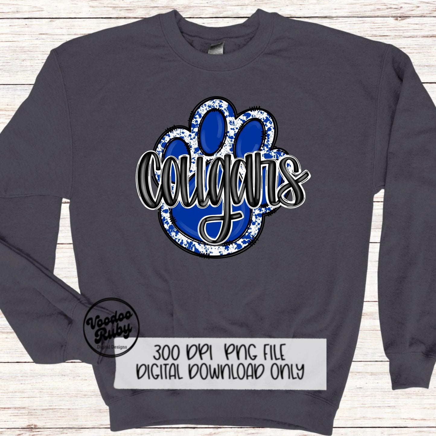 Cougars PNG Design Sublimation Hand Drawn Digital Download Football PNG Paw Print Blue White Cougars Mascot DTF Printable