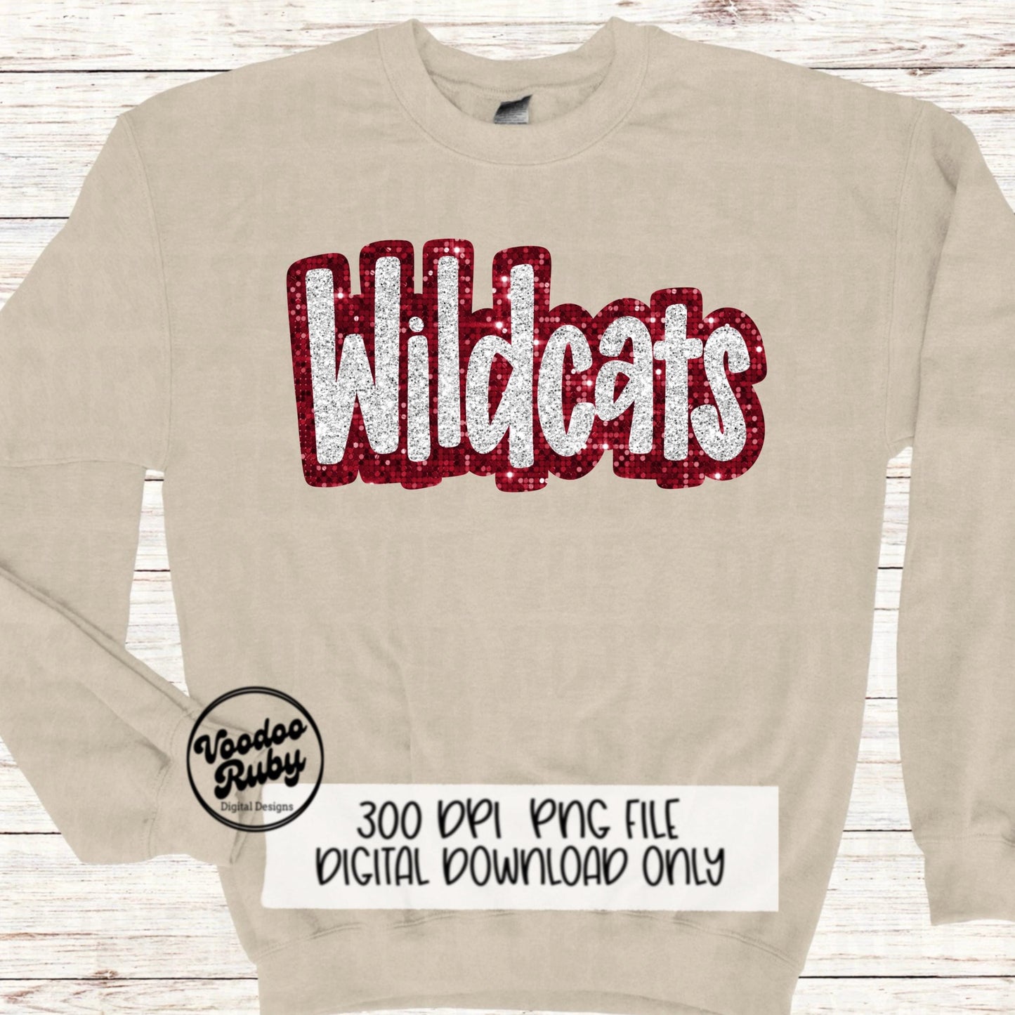 Wildcats PNG Design Hand Drawn Digital Download Sublimation Glitter Faux Sequins Patch PNG Printable Red White Silver Wildcats Mascot