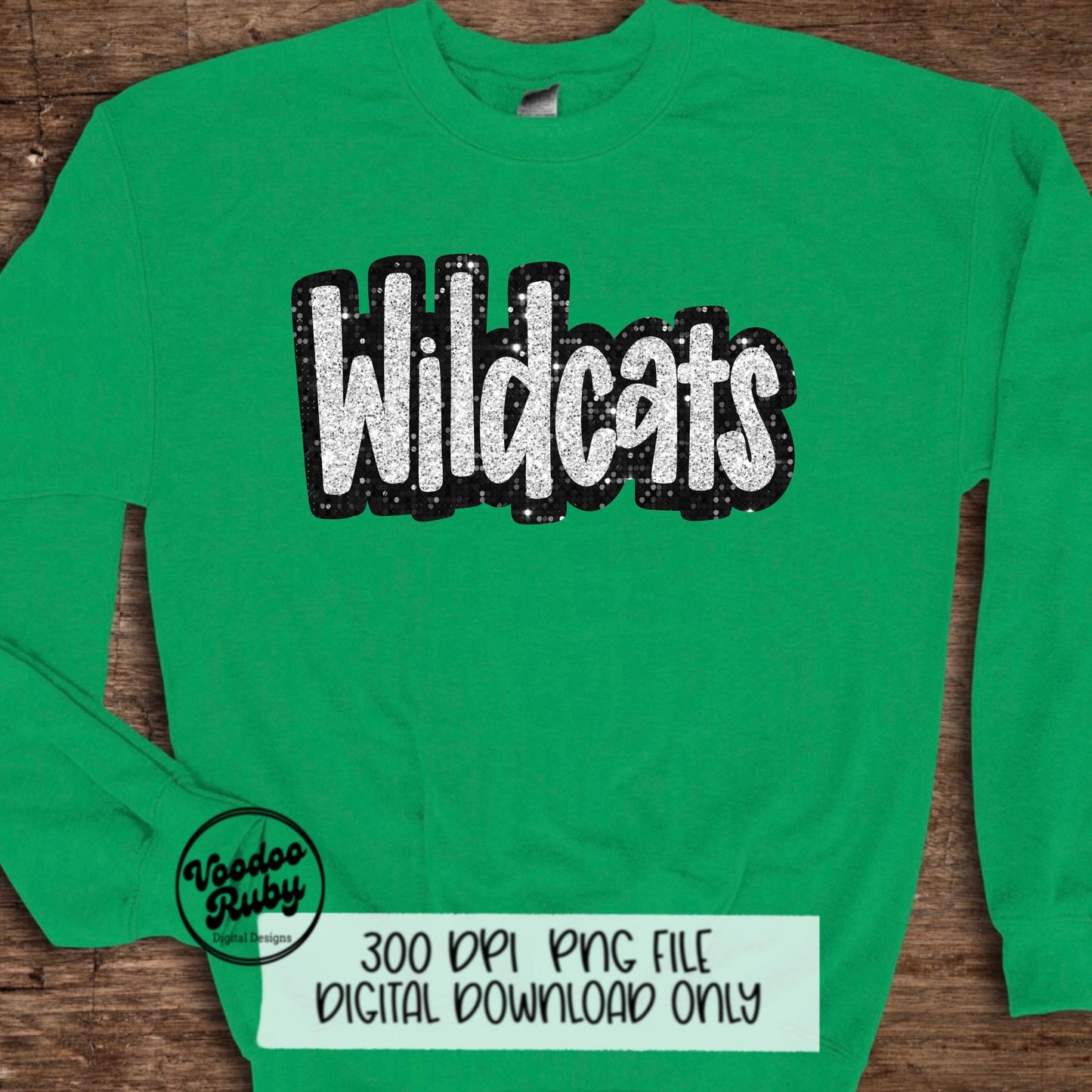 Wildcats PNG Design Hand Drawn Digital Download Sublimation Glitter Faux Sequins Patch PNG Printable Black White Silver Wildcats Mascot