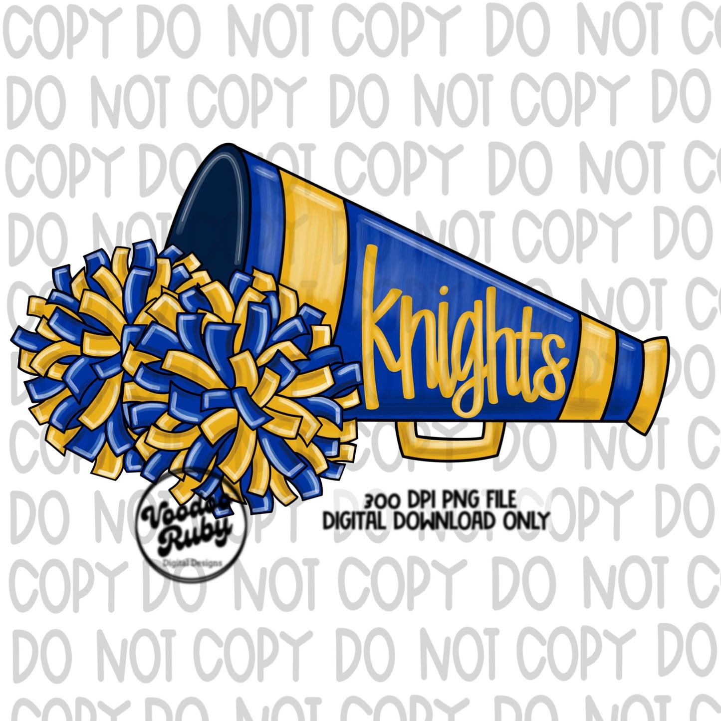 Knights Cheer PNG Sublimation Design Hand Drawn Digital Download Football PNG Blue Gold Knights png Cheerleader Clip Art Megaphone DTF