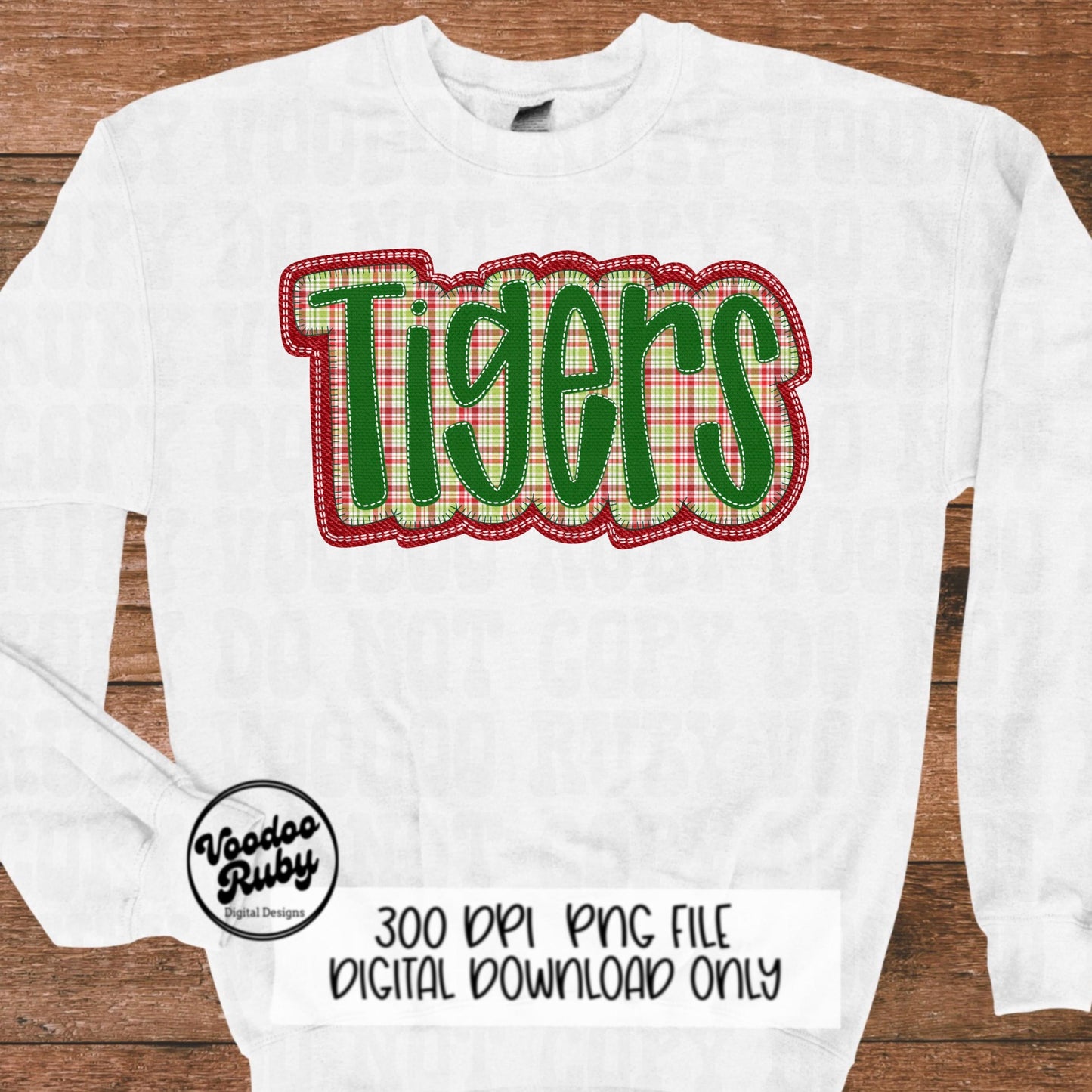 Christmas Tigers PNG Design Sublimation Hand Drawn Digital Download Faux Embroidery PNG Christmas Mascot Red Green Tigers DTF Printable