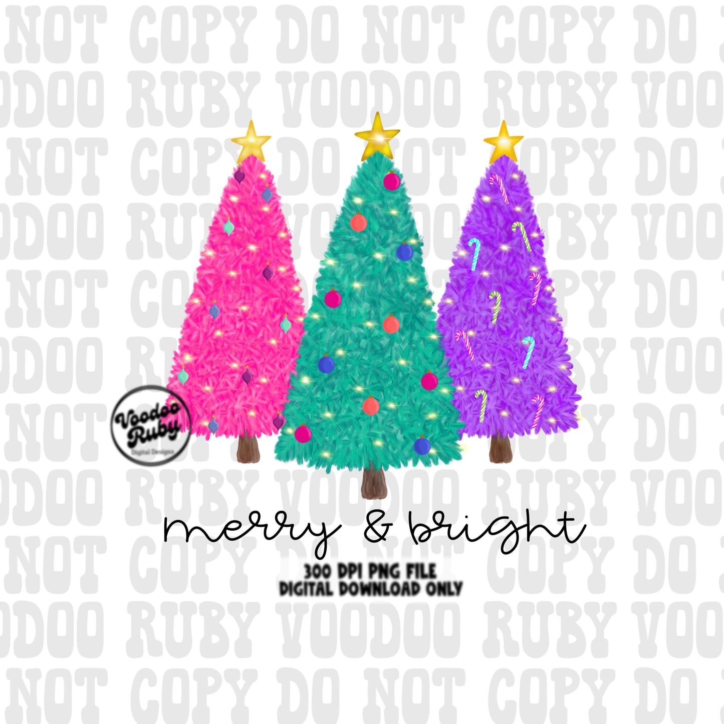 Merry and Bright PNG Design Sublimation Hand Drawn Digital Download Christmas Trees PNG Merry Christmas DTF Printable