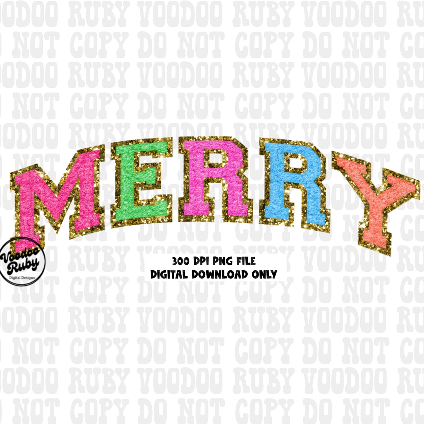 Bright colors merry chenille png faux patch with gold faux glitter background bright Christmas design in 300 dpi dtf printable