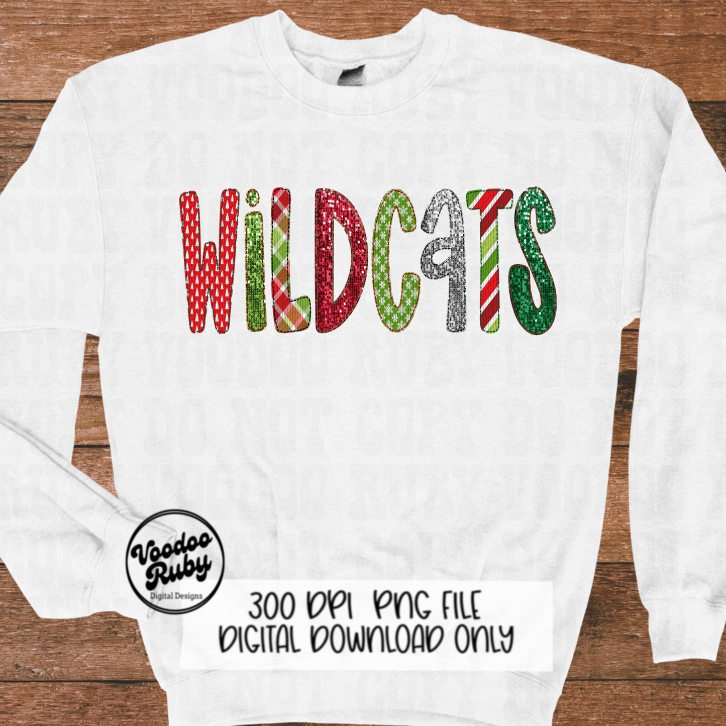 Christmas Wildcats PNG Design Sublimation Sequins Hand Drawn Digital Download Faux Embroidery PNG Christmas Mascot Wildcats DTF Printable