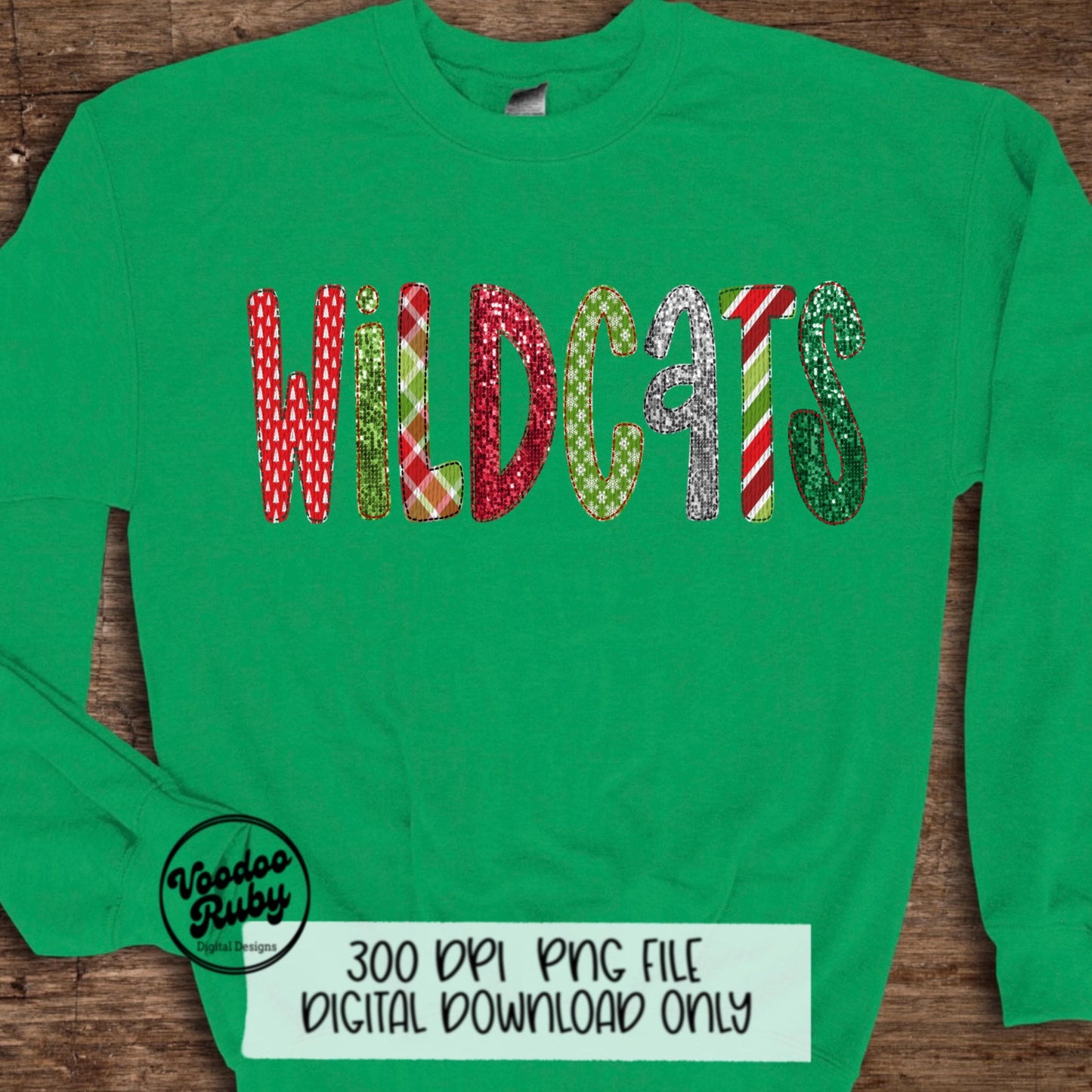 Christmas Wildcats PNG Design Sublimation Sequins Hand Drawn Digital Download Faux Embroidery PNG Christmas Mascot Wildcats DTF Printable
