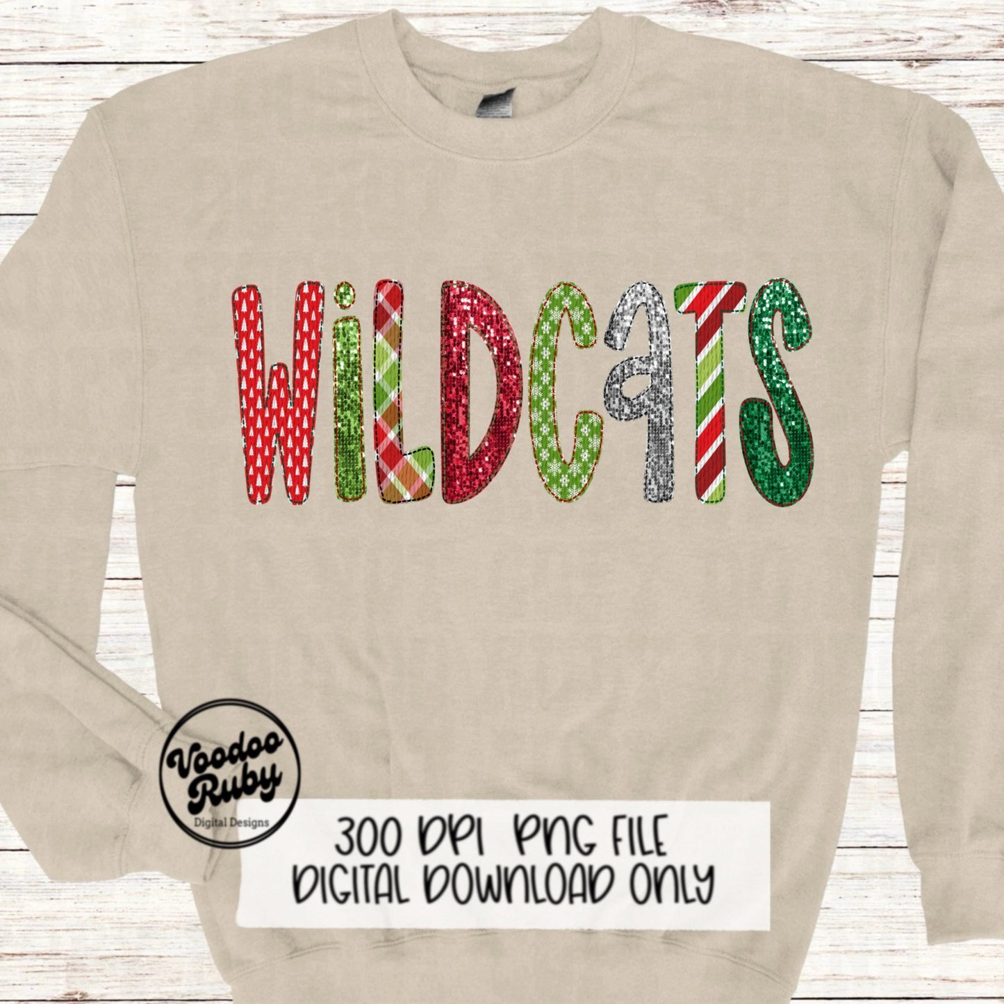 Christmas Wildcats PNG Design Sublimation Sequins Hand Drawn Digital Download Faux Embroidery PNG Christmas Mascot Wildcats DTF Printable