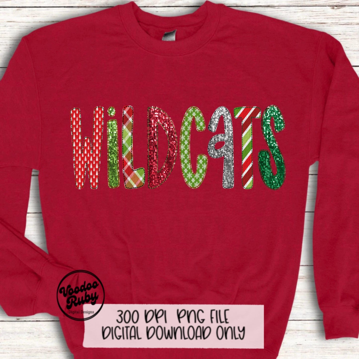 Christmas Wildcats PNG Design Sublimation Sequins Hand Drawn Digital Download Faux Embroidery PNG Christmas Mascot Wildcats DTF Printable