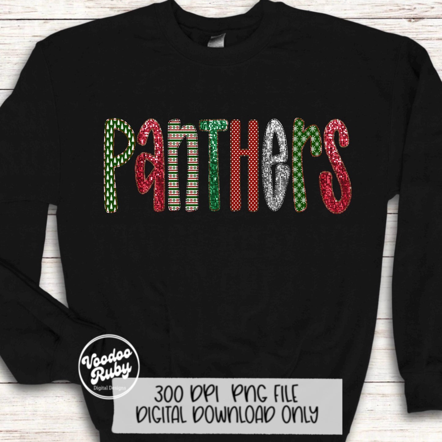 Christmas Panthers PNG Design Sublimation Digital Download Faux Embroidery PNG Faux Sequins Christmas Mascot Panthers DTF Printable