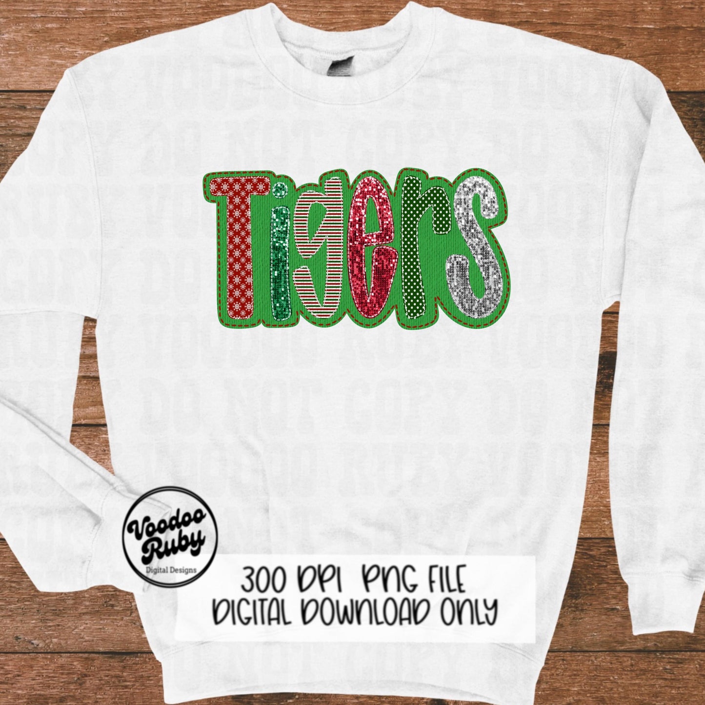 Christmas Tigers PNG Design Sublimation Faux Embroidery PNG Hand Drawn Digital Download Christmas Mascot Faux Sequin Tigers DTF Printable