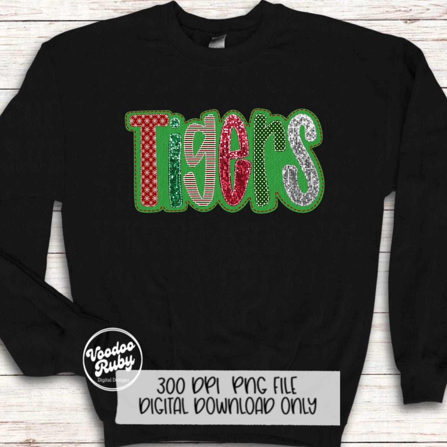 Christmas Tigers PNG Design Sublimation Faux Embroidery PNG Hand Drawn Digital Download Christmas Mascot Faux Sequin Tigers DTF Printable