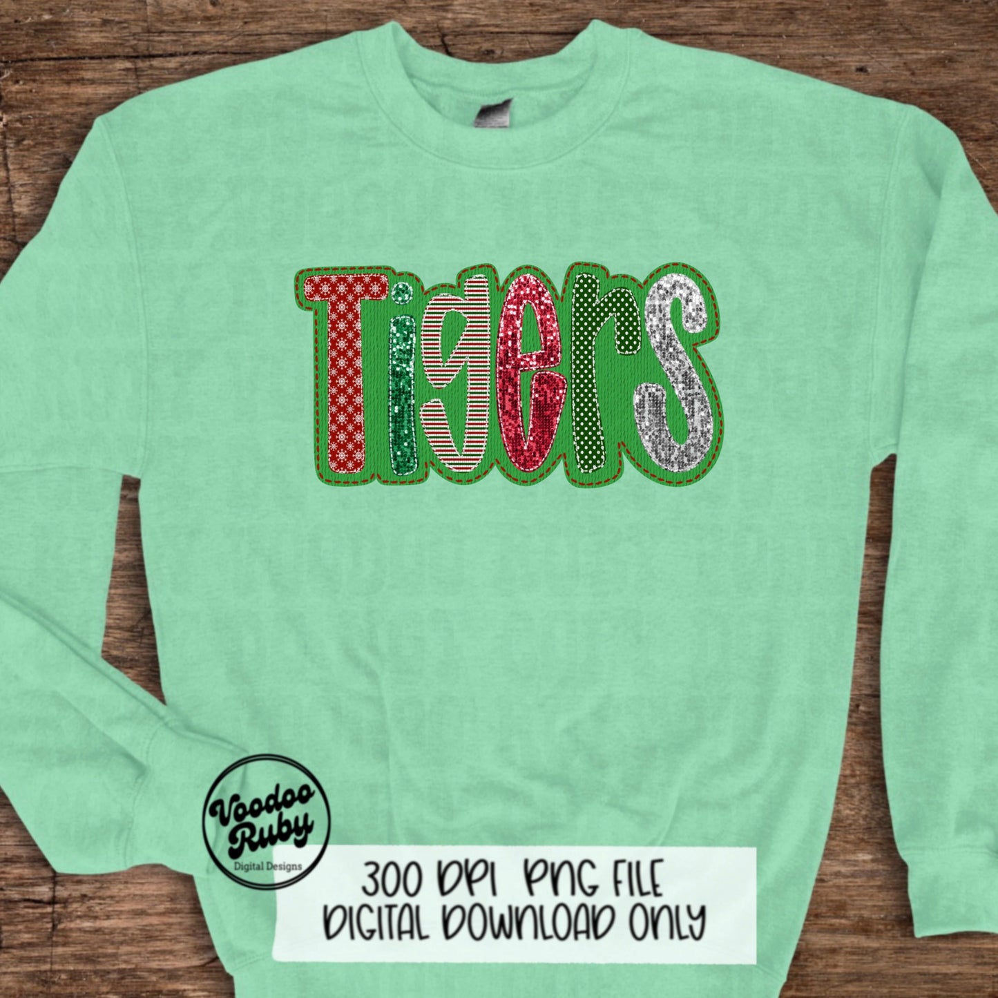 Christmas Tigers PNG Design Sublimation Faux Embroidery PNG Hand Drawn Digital Download Christmas Mascot Faux Sequin Tigers DTF Printable