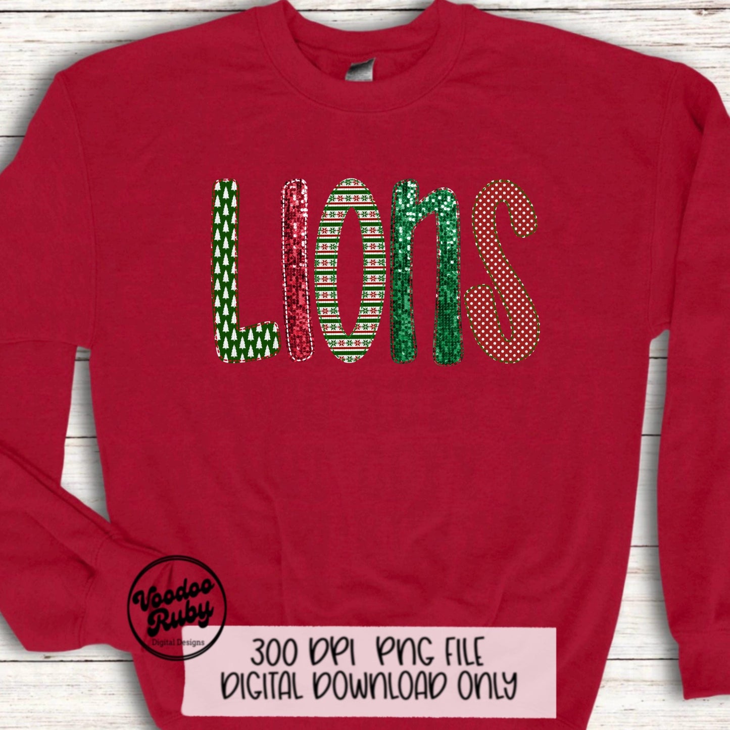 Christmas Lions PNG Design Sublimation Digital Download Faux Embroidery PNG Faux Sequins Christmas Mascot Lions DTF Printable