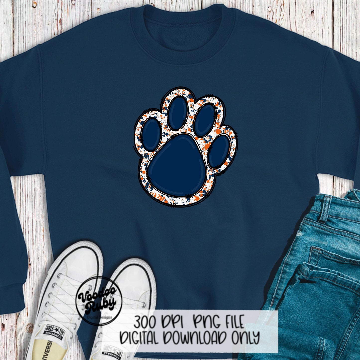 Blue Orange Paw Print PNG Sublimation Design Hand Drawn Digital Download Clip Art Mascot DTF Printable Football Clip Art