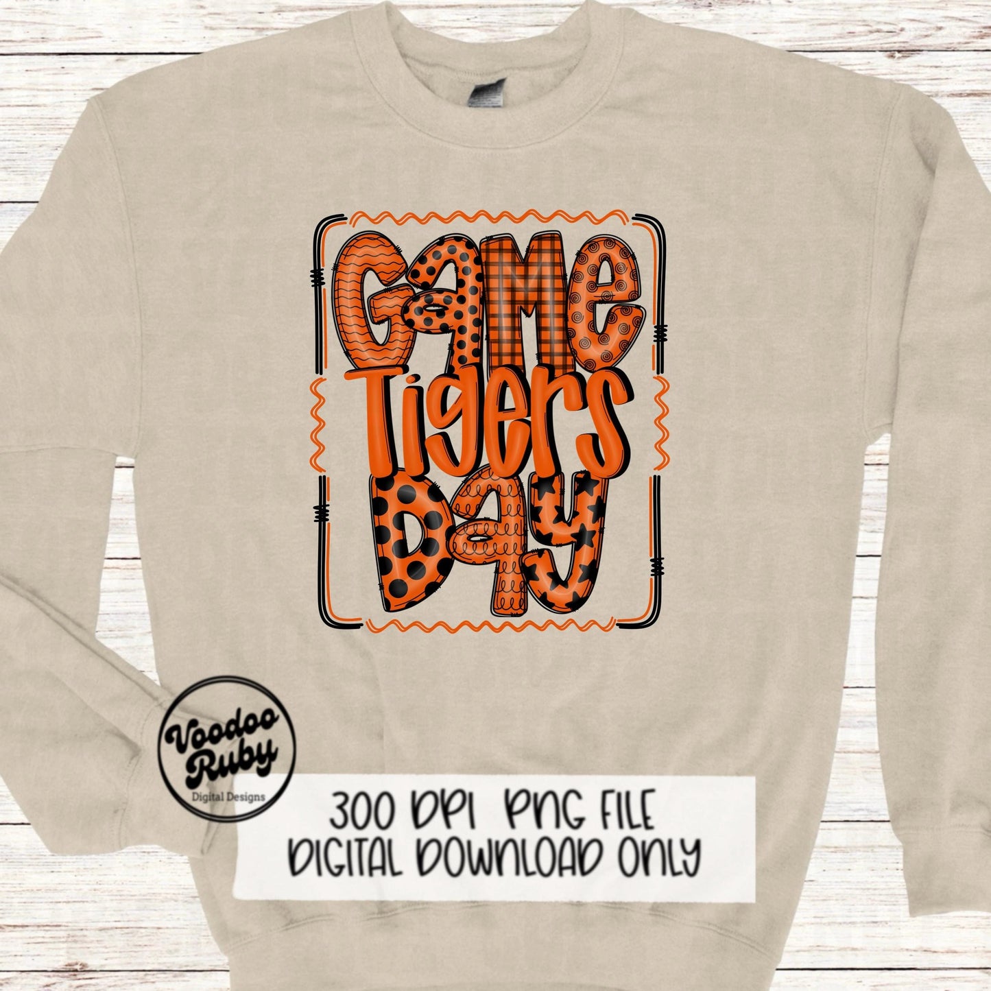 Tigers PNG Design Hand Drawn Digital Download Sublimation Game Day PNG Orange Black Tigers Game Day Doodle Letters Football DTF Printable