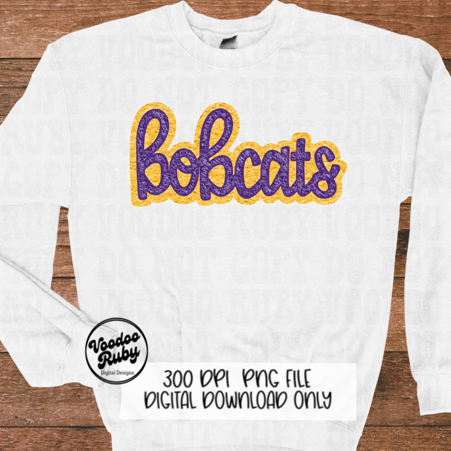 Bobcats PNG Design Faux Chenille Patches Faux Applique Hand Drawn Digital Download Sublimation Football Purple Yellow Bobcats DTF Printable