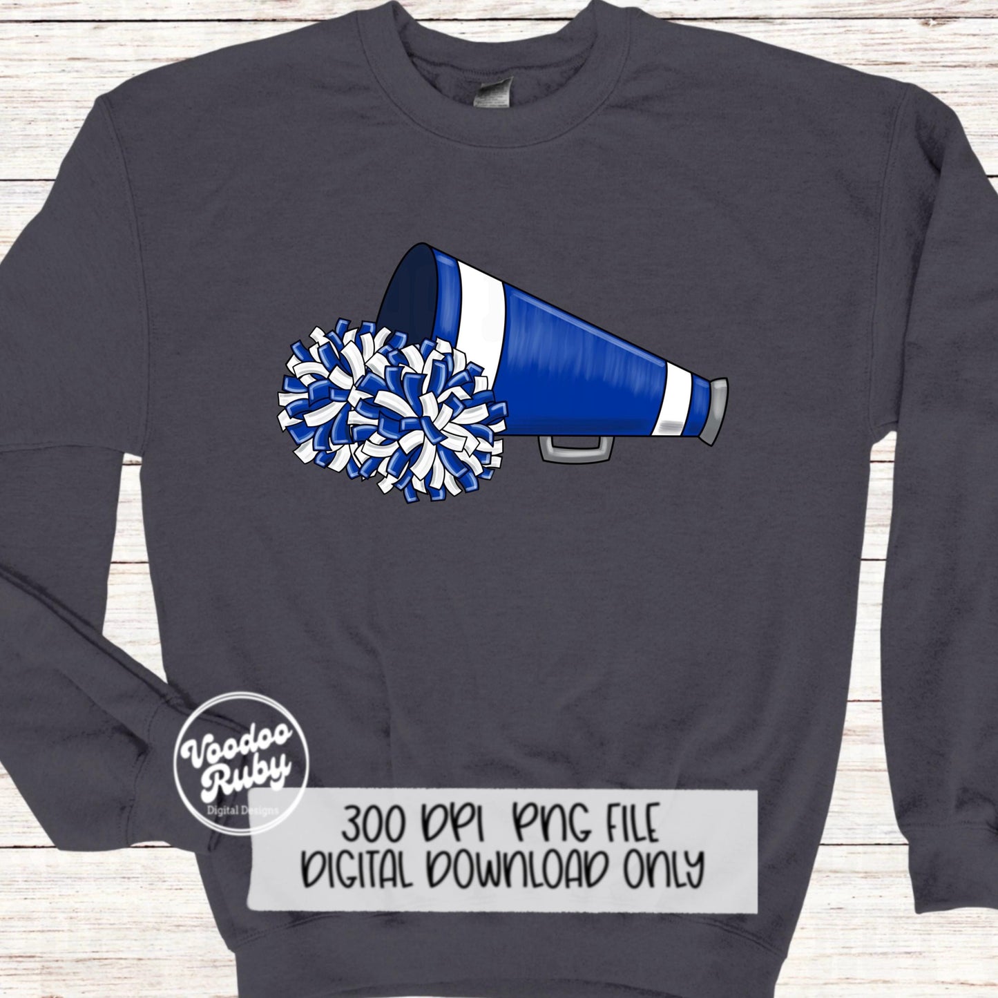 Cheer PNG Design Blue White Team Hand Drawn Digital Download PNG Megaphone Cheerleader Clip Art DTF Printable Sublimation Blanks