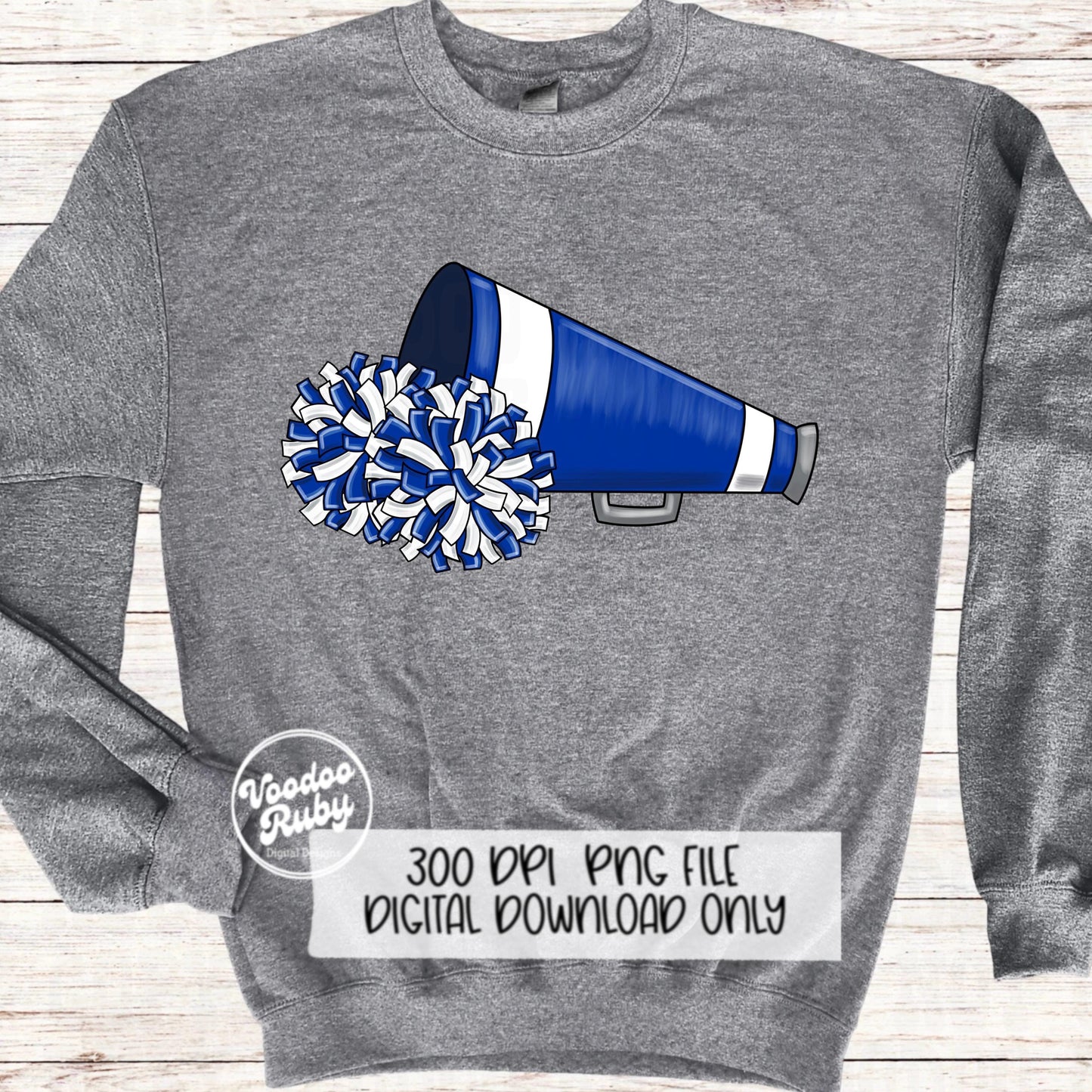 Cheer PNG Design Blue White Team Hand Drawn Digital Download PNG Megaphone Cheerleader Clip Art DTF Printable Sublimation Blanks