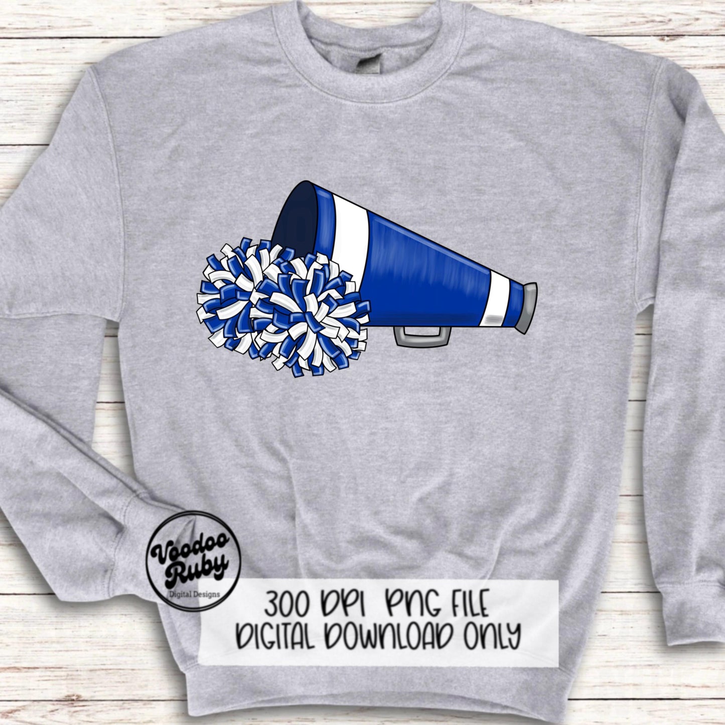 Cheer PNG Design Blue White Team Hand Drawn Digital Download PNG Megaphone Cheerleader Clip Art DTF Printable Sublimation Blanks