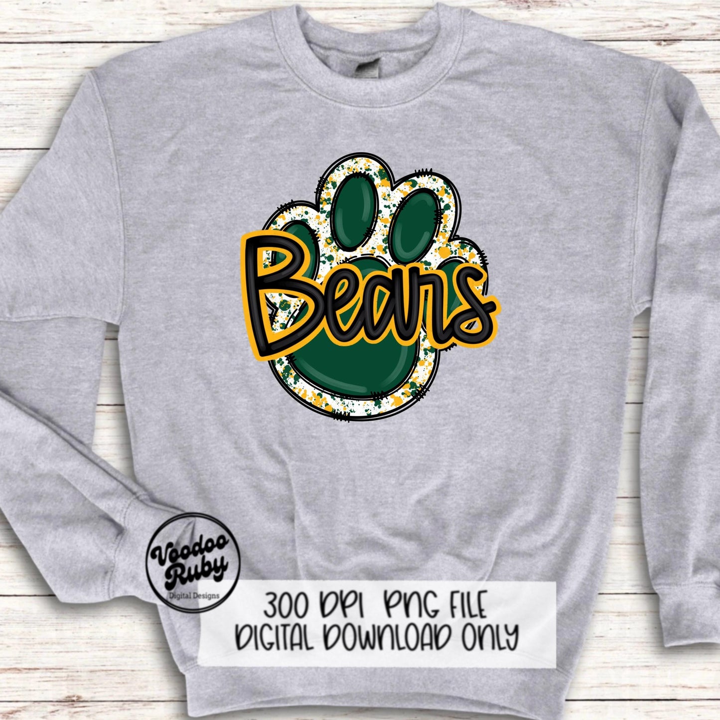 Bears PNG Design Sublimation Hand Drawn Digital Download Football png Green Gold Yellow Paw png Bears Football DTF Printable Clip Art