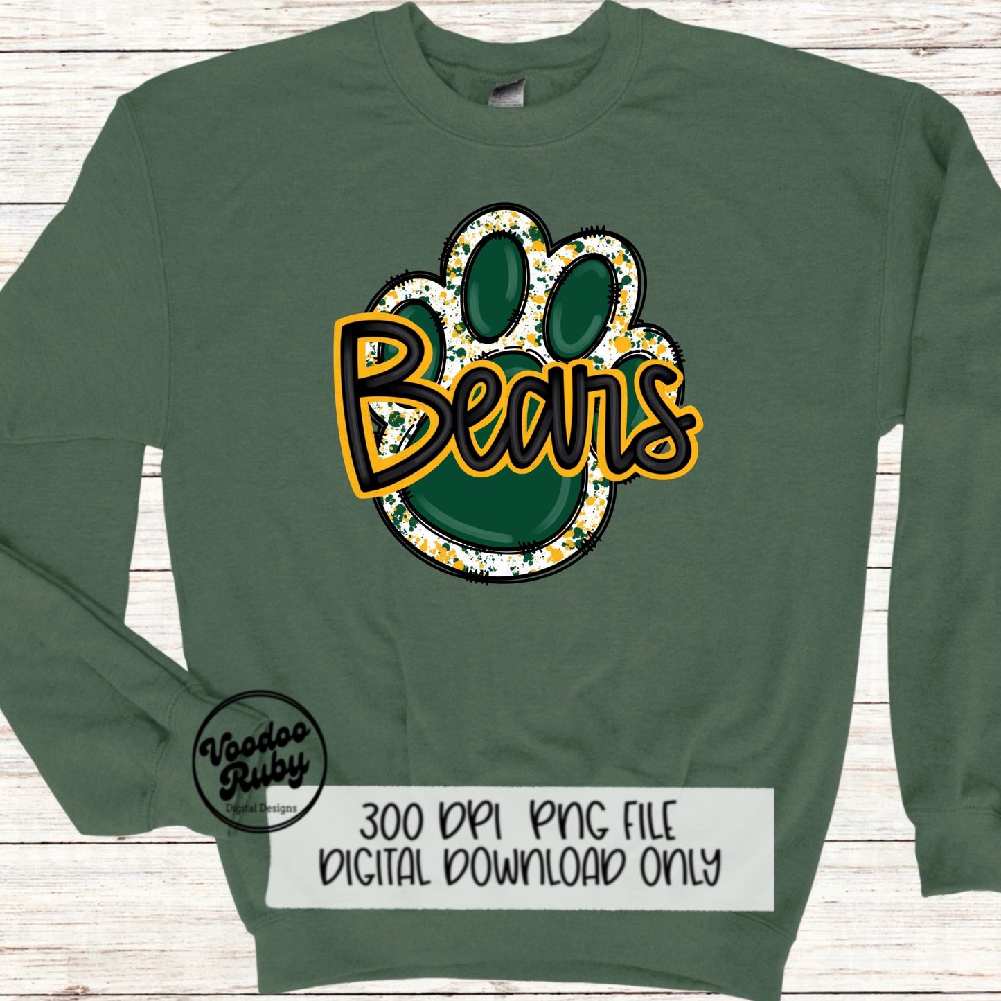 Bears PNG Design Sublimation Hand Drawn Digital Download Football png Green Gold Yellow Paw png Bears Football DTF Printable Clip Art