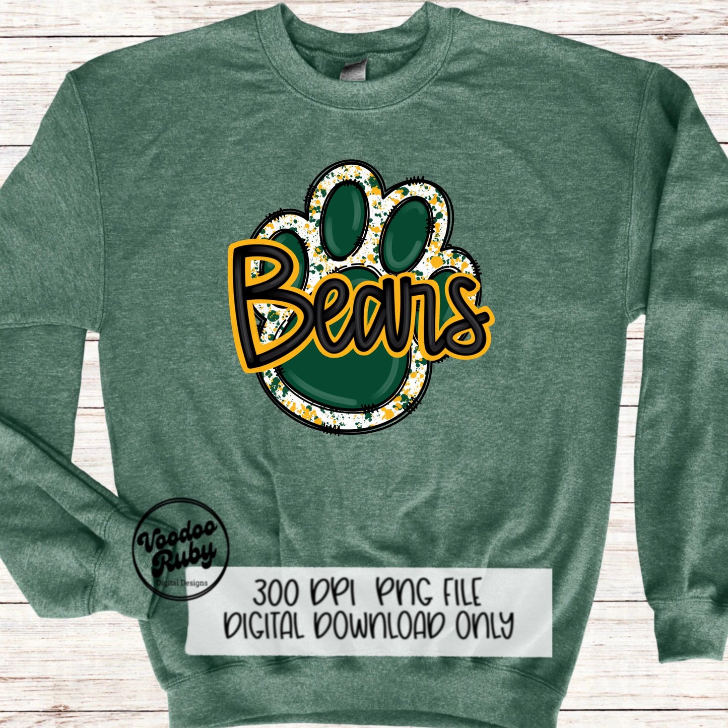 Bears PNG Design Sublimation Hand Drawn Digital Download Football png Green Gold Yellow Paw png Bears Football DTF Printable Clip Art