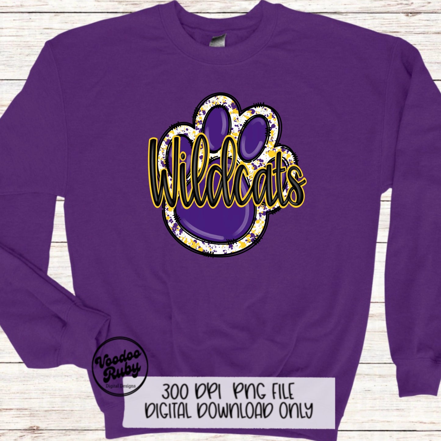 Wildcats PNG Design Sublimation Hand Drawn Digital Download Football PNG Purple Gold Wildcats Paw Print DTF Printable Clip Art
