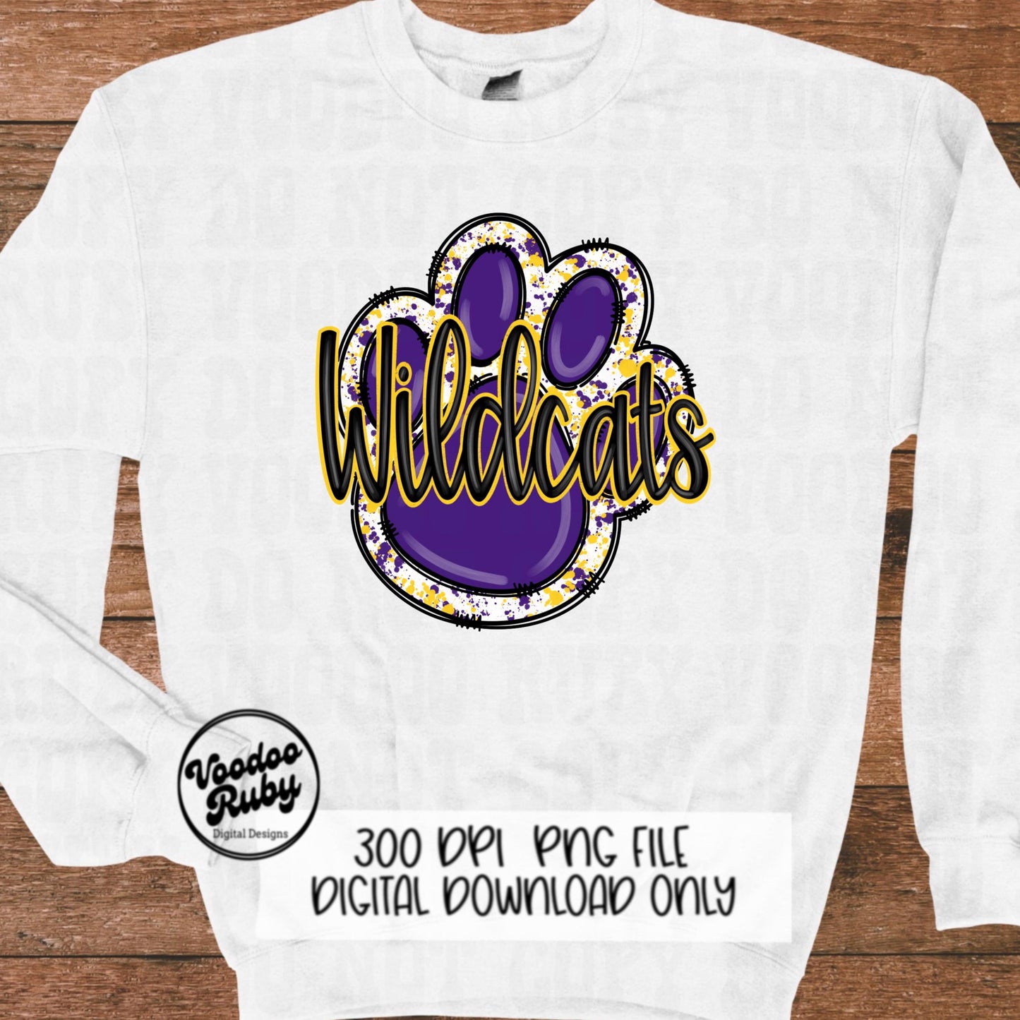 Wildcats PNG Design Sublimation Hand Drawn Digital Download Football PNG Purple Gold Wildcats Paw Print DTF Printable Clip Art
