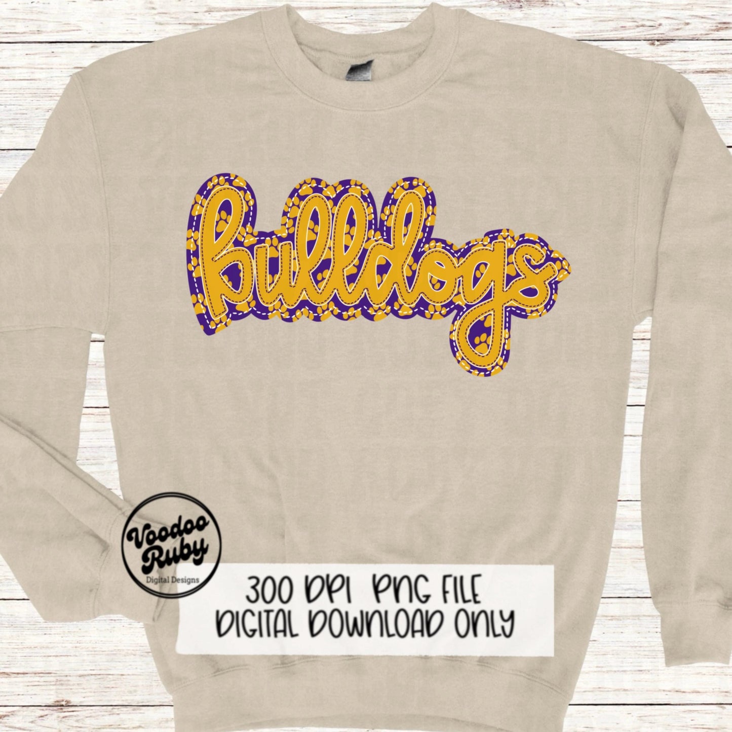 Bulldogs PNG Design Embroidery Faux Applique Hand Drawn Digital Download Sublimation Bulldogs DTF Printable Purple Gold Bulldogs Football
