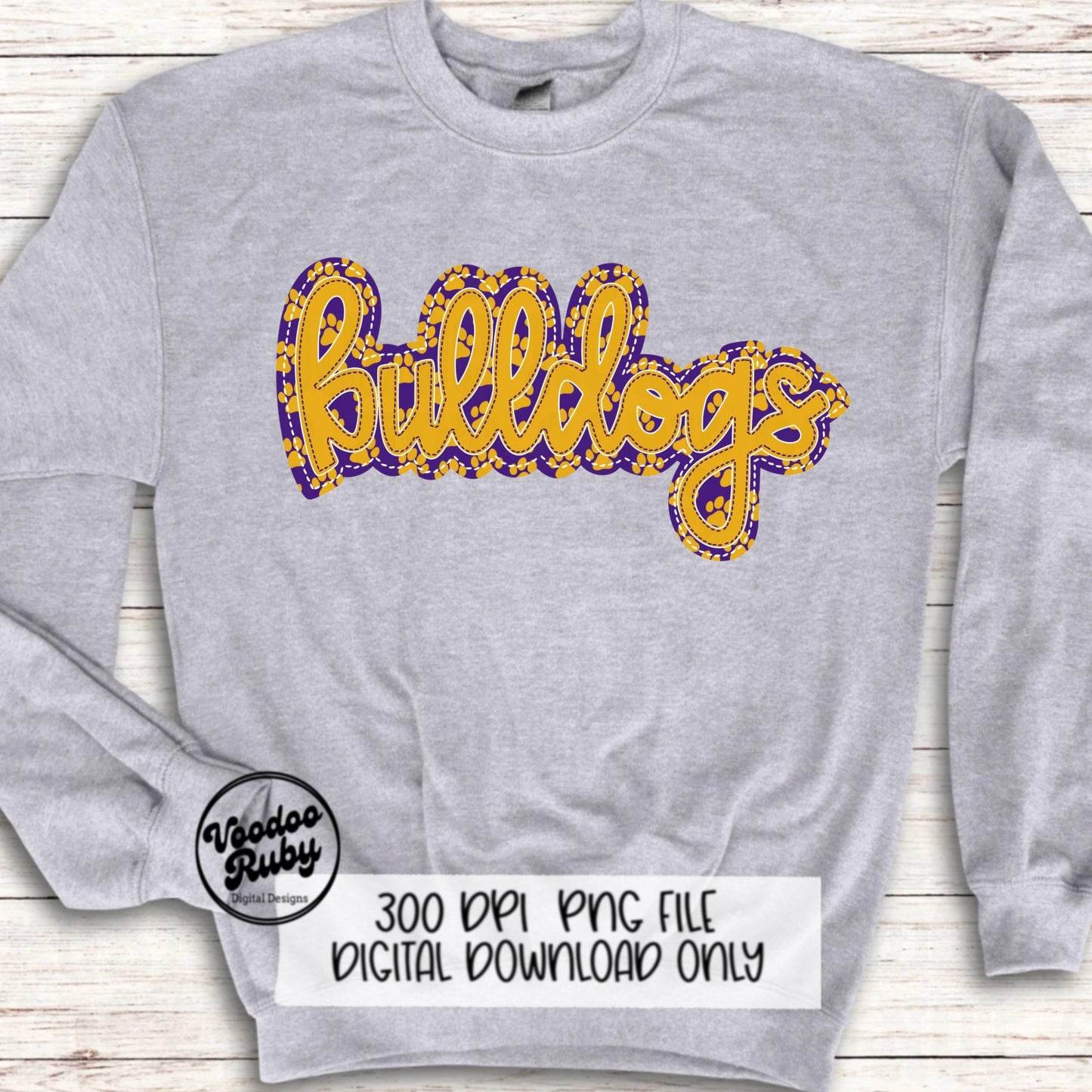 Bulldogs PNG Design Embroidery Faux Applique Hand Drawn Digital Download Sublimation Bulldogs DTF Printable Purple Gold Bulldogs Football