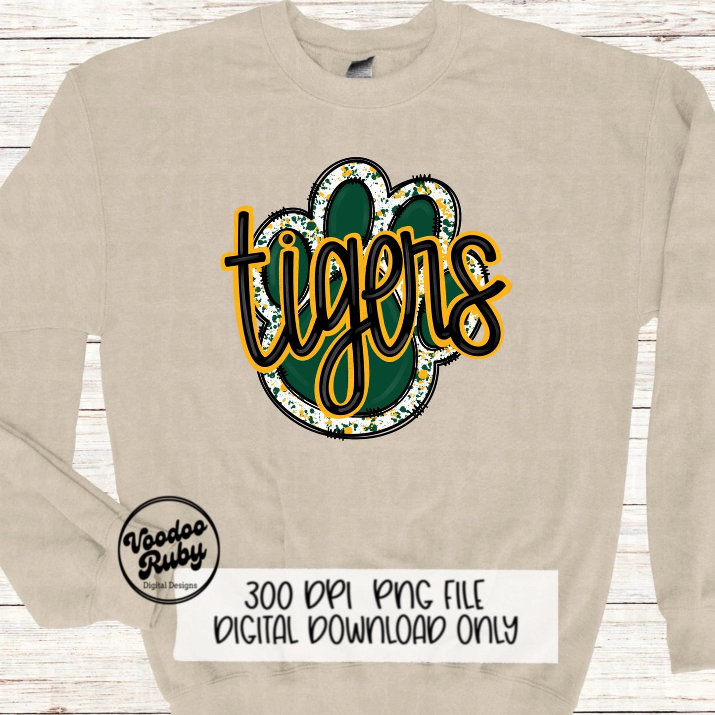 Tigers PNG Design Sublimation Hand Drawn Digital Download Football PNG Green Gold Paw Print Mascot Tigers DTF Printable