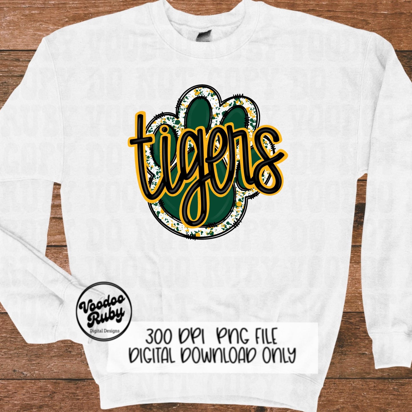 Tigers PNG Design Sublimation Hand Drawn Digital Download Football PNG Green Gold Paw Print Mascot Tigers DTF Printable