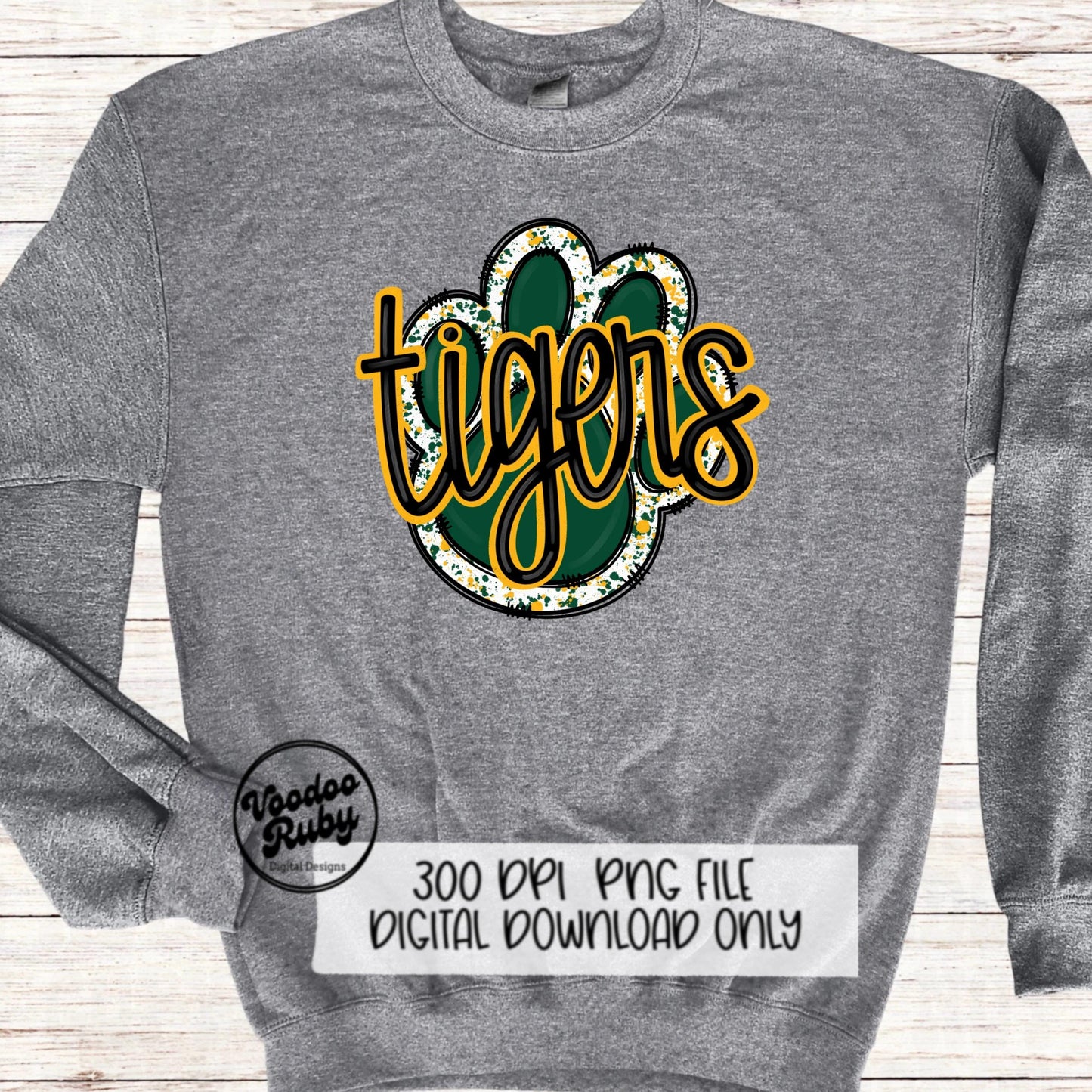 Tigers PNG Design Sublimation Hand Drawn Digital Download Football PNG Green Gold Paw Print Mascot Tigers DTF Printable