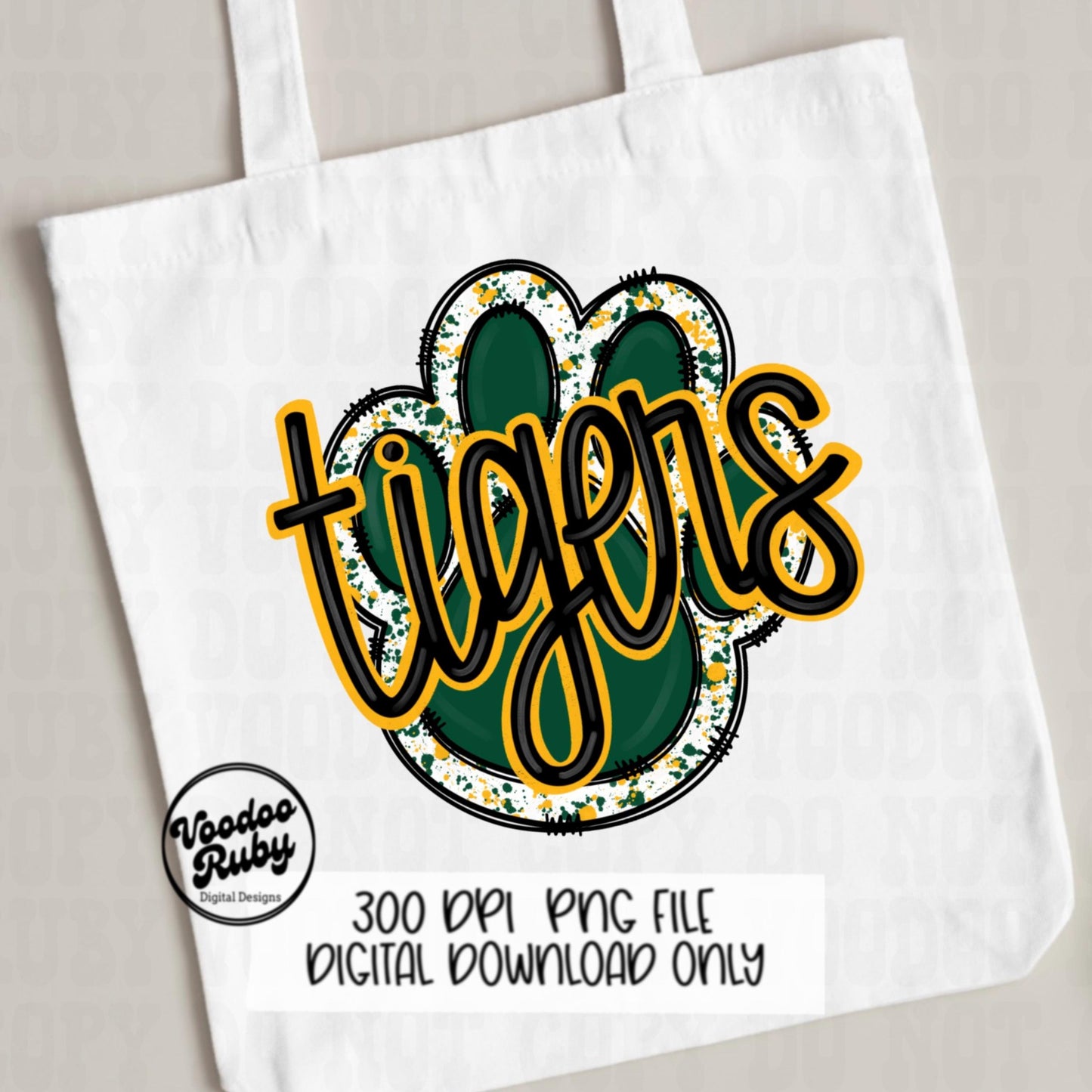 Tigers PNG Design Sublimation Hand Drawn Digital Download Football PNG Green Gold Paw Print Mascot Tigers DTF Printable