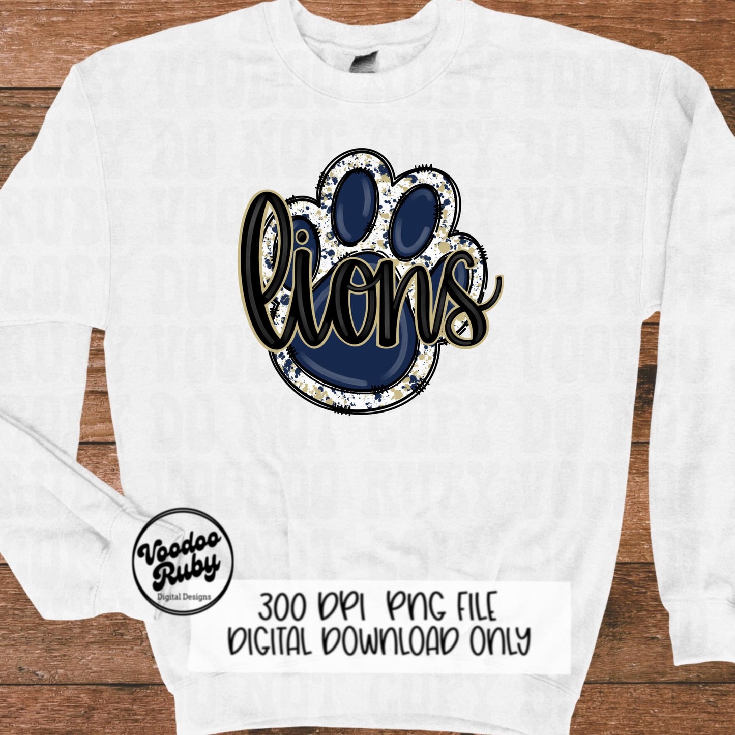 Lions PNG Design Hand Drawn Digital Download Lions Football PNG Blue Gold Paw Print Sublimation Design Lions DTF Printable