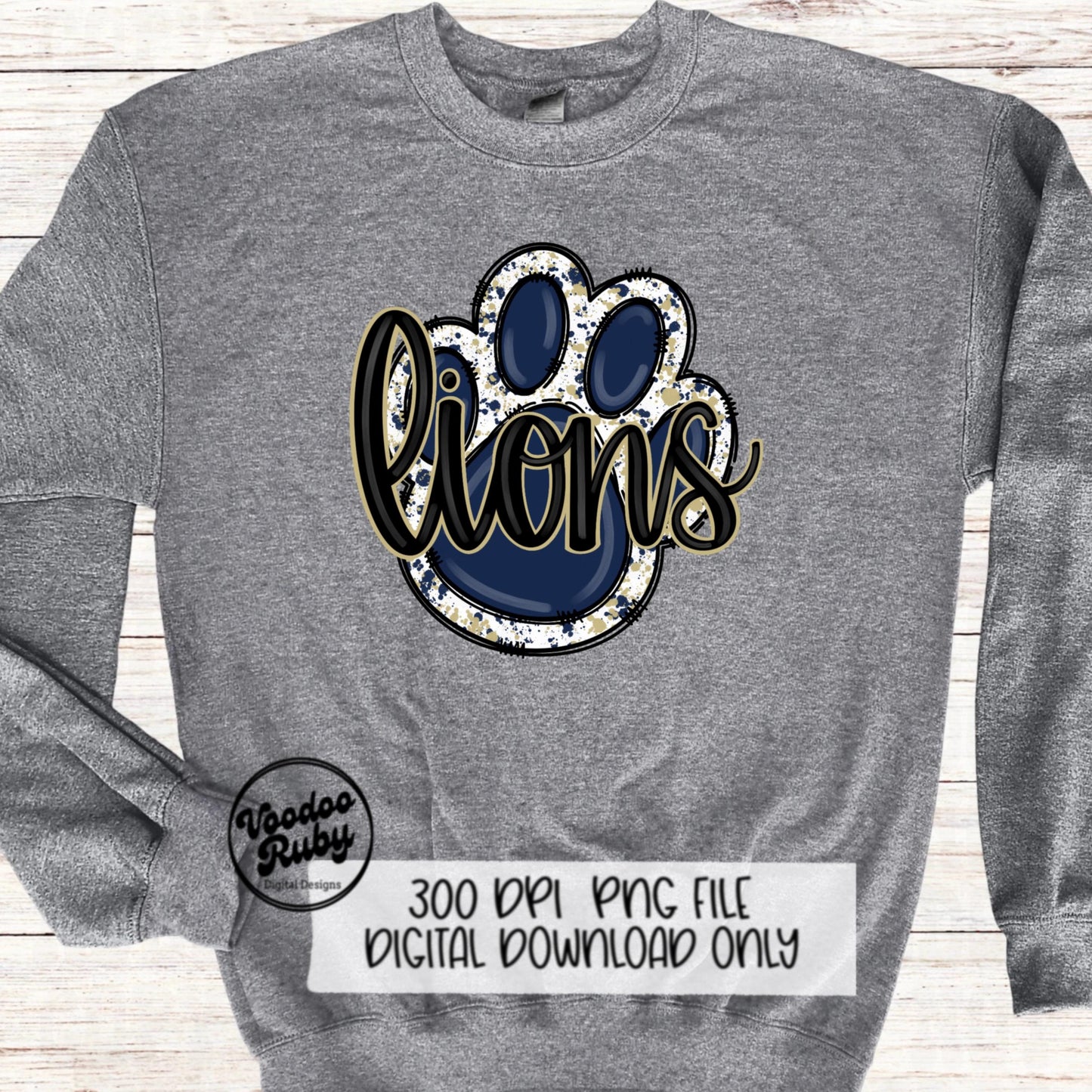 Lions PNG Design Hand Drawn Digital Download Lions Football PNG Blue Gold Paw Print Sublimation Design Lions DTF Printable