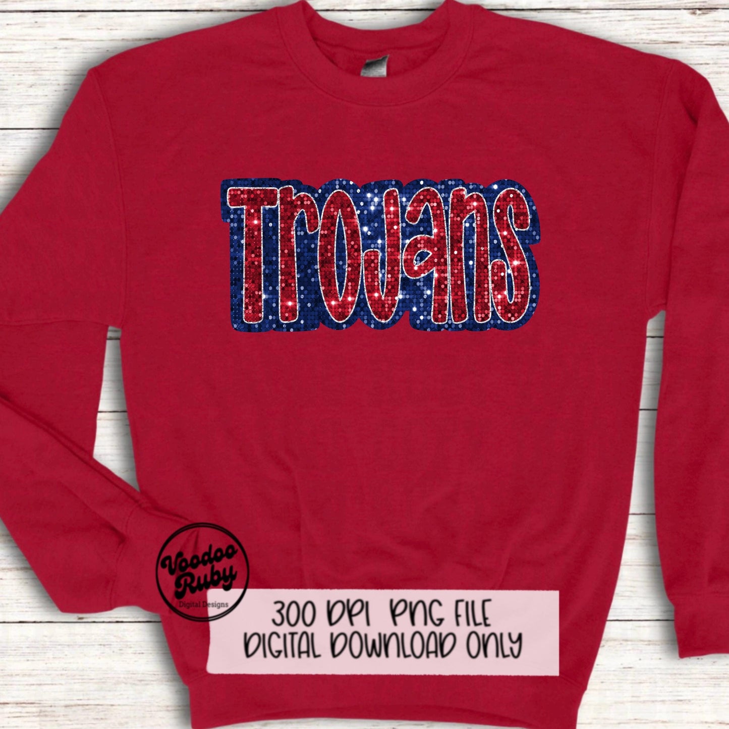Sequin Trojans PNG Design Sublimation Hand Drawn Digital Download Faux Sequins Glitter Red Blue Trojans Football Mascot DTF Printable