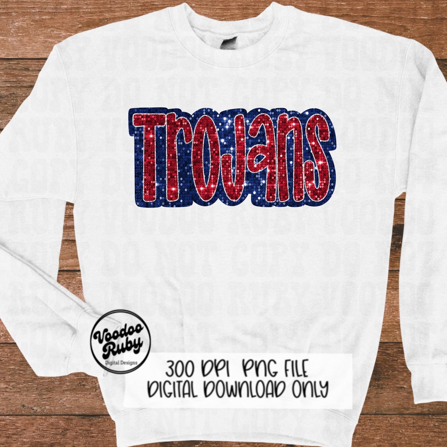 Sequin Trojans PNG Design Sublimation Hand Drawn Digital Download Faux Sequins Glitter Red Blue Trojans Football Mascot DTF Printable