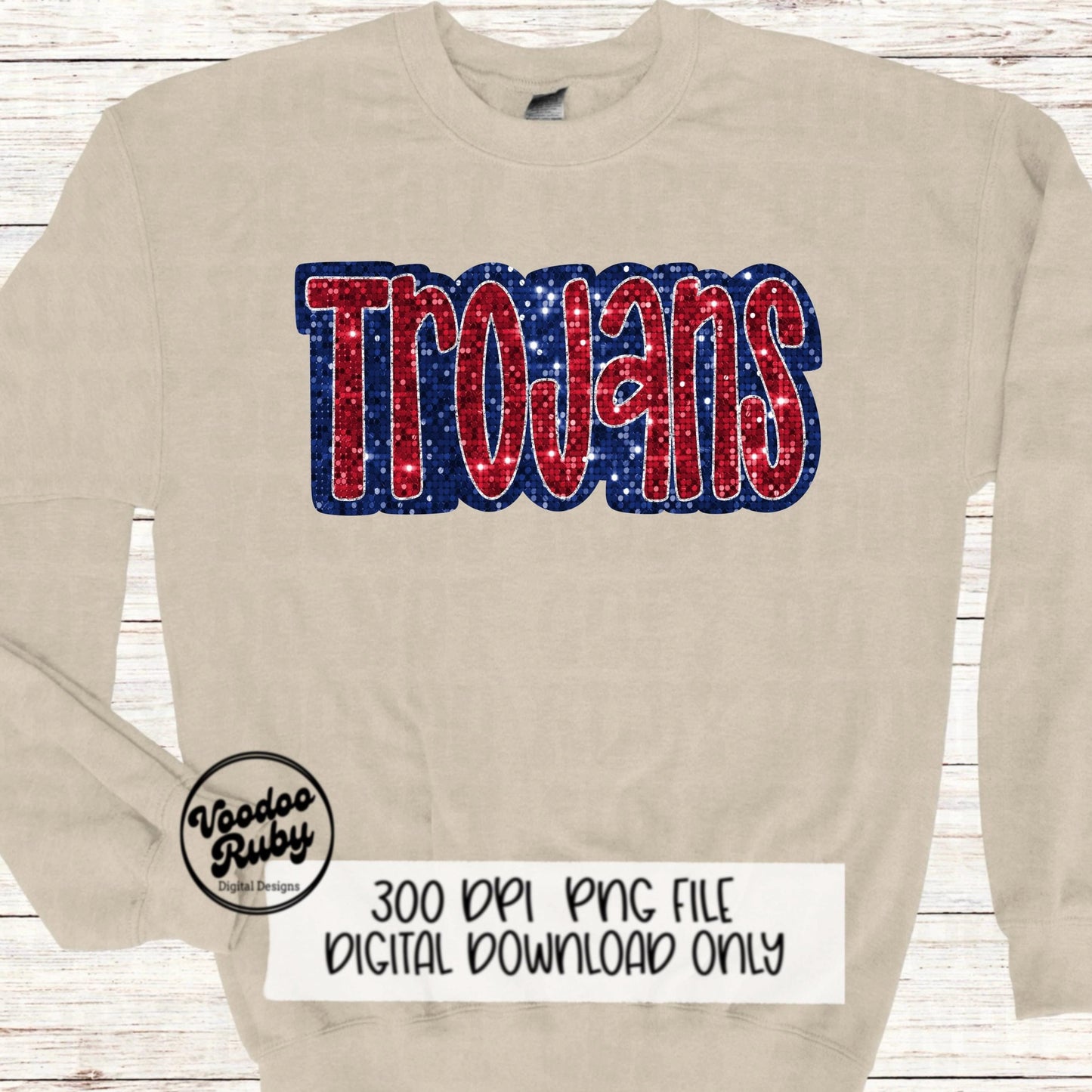 Sequin Trojans PNG Design Sublimation Hand Drawn Digital Download Faux Sequins Glitter Red Blue Trojans Football Mascot DTF Printable