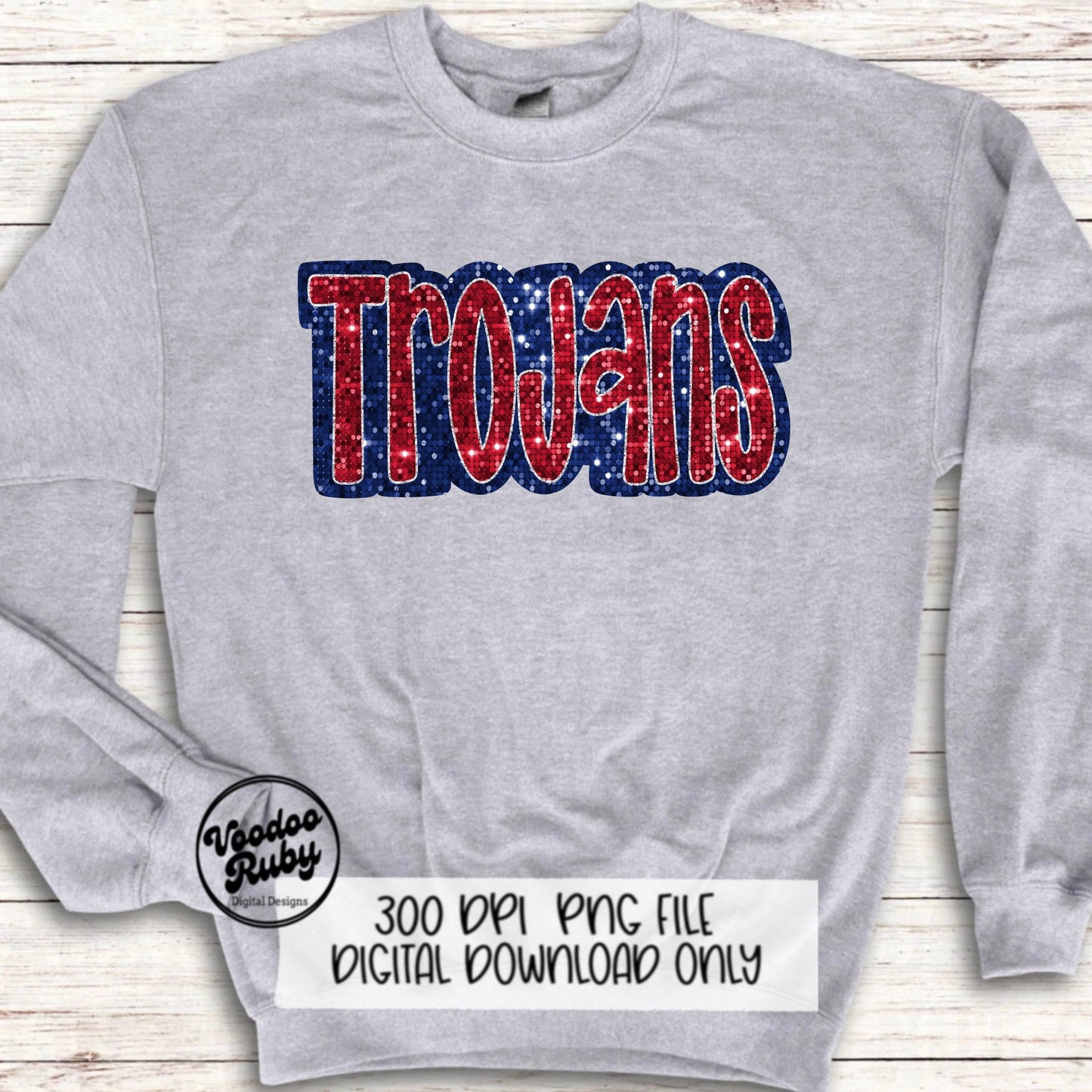 Sequin Trojans PNG Design Sublimation Hand Drawn Digital Download Faux Sequins Glitter Red Blue Trojans Football Mascot DTF Printable