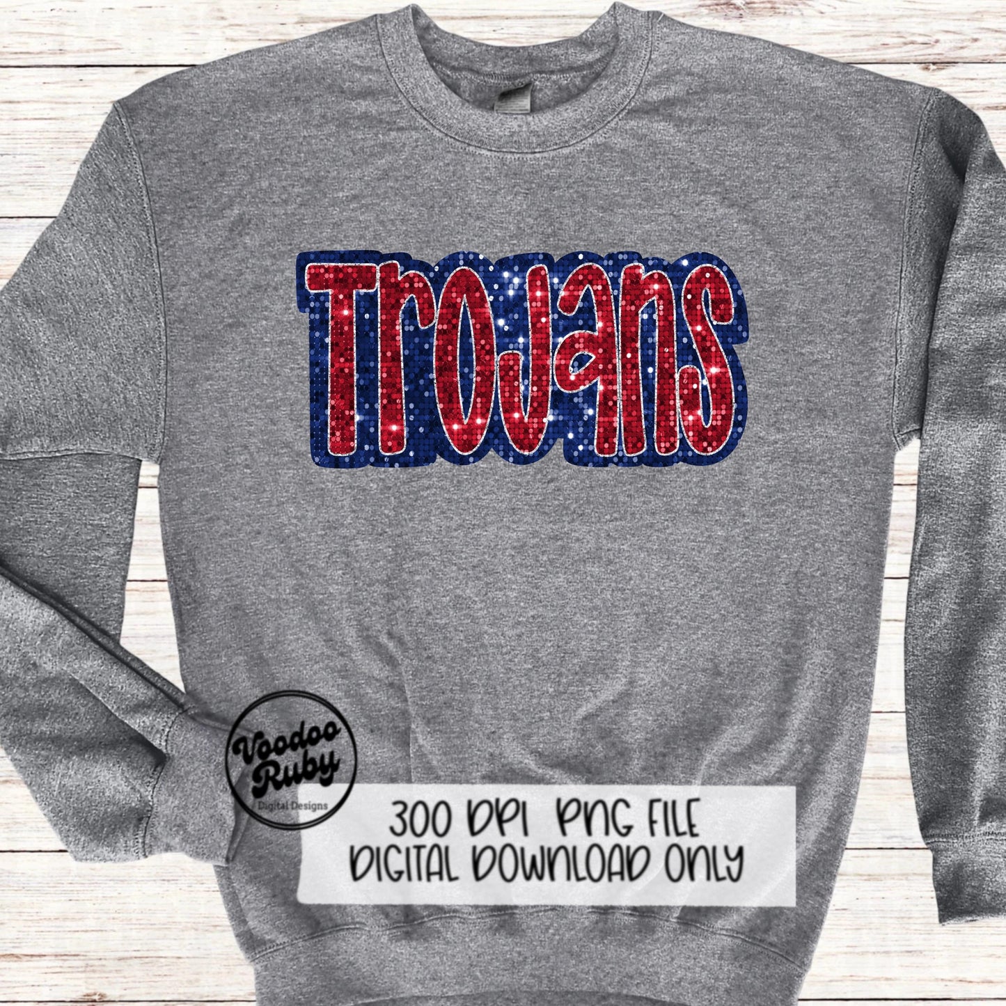 Sequin Trojans PNG Design Sublimation Hand Drawn Digital Download Faux Sequins Glitter Red Blue Trojans Football Mascot DTF Printable