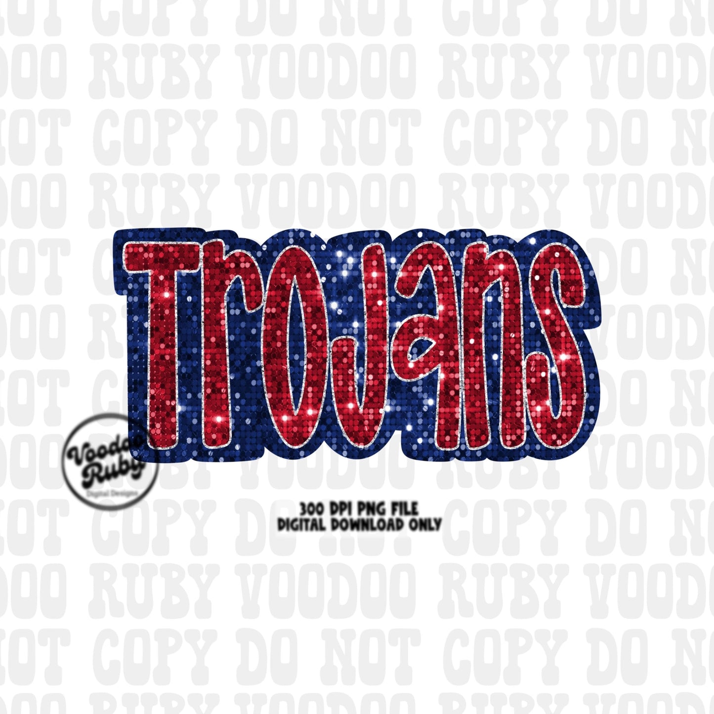Sequin Trojans PNG Design Sublimation Hand Drawn Digital Download Faux Sequins Glitter Red Blue Trojans Football Mascot DTF Printable