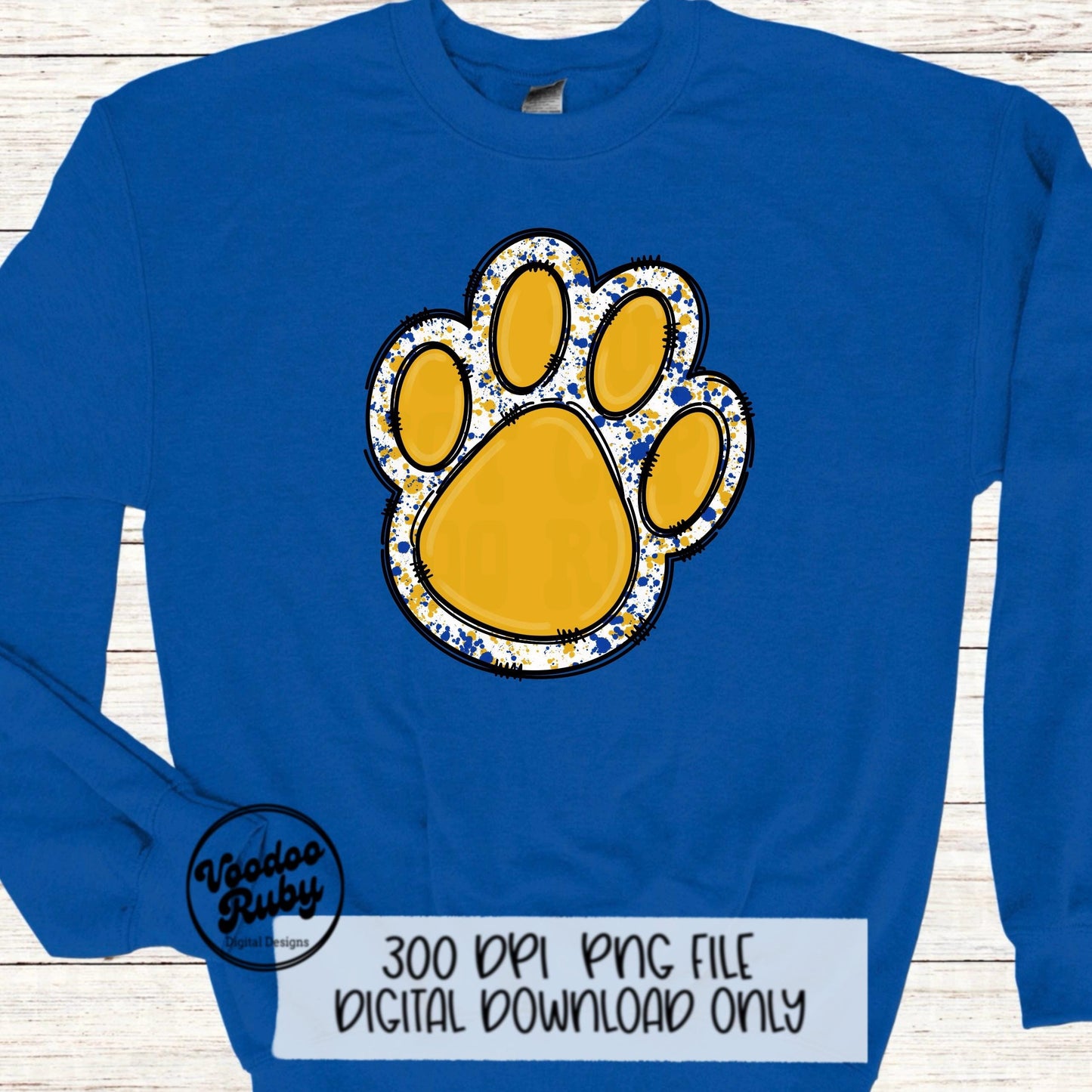 Gold and Blue Paw Print PNG Sublimation Design Hand Drawn Digital Download Football PNG Doodle Clip Art DTF Printable
