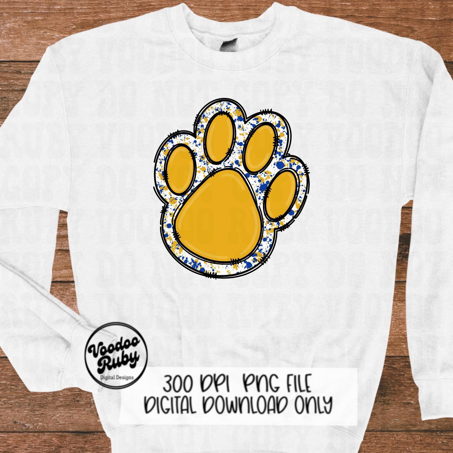 Gold and Blue Paw Print PNG Sublimation Design Hand Drawn Digital Download Football PNG Doodle Clip Art DTF Printable