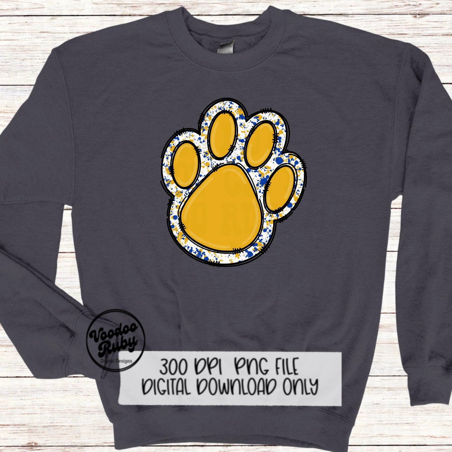 Gold and Blue Paw Print PNG Sublimation Design Hand Drawn Digital Download Football PNG Doodle Clip Art DTF Printable