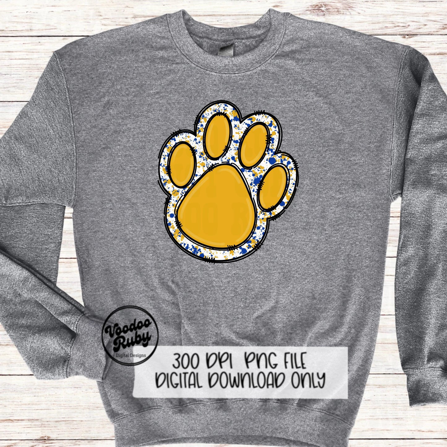 Gold and Blue Paw Print PNG Sublimation Design Hand Drawn Digital Download Football PNG Doodle Clip Art DTF Printable