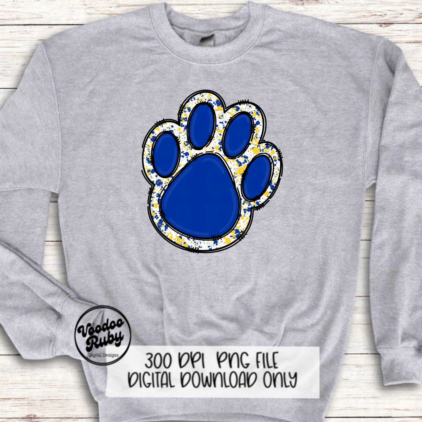 Blue Yellow Paw PNG Design Hand Drawn Digital Download PNG Sublimation Paw Print Doodle Clip Art DTF Printable