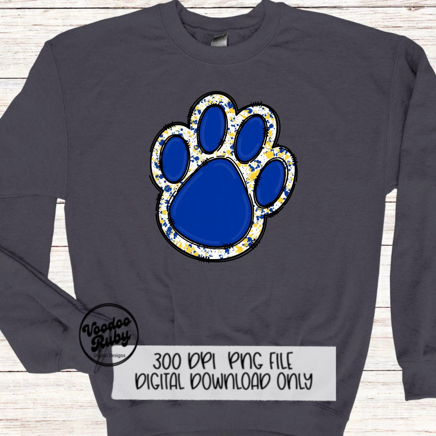 Blue Yellow Paw PNG Design Hand Drawn Digital Download PNG Sublimation Paw Print Doodle Clip Art DTF Printable